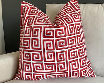 Red Greek Key Pillow Cover, Designer Red White Throw Pillow, Modern Geometric Cushion Cover, Chinoiserie Accent Pillow, Luxury Home Decor