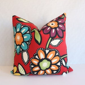 Outdoor- Indoor Red Green Blue Yellow Pillow Covers- Aqua Mustard Floral Pillow Cover- Outdoor Pillow Covers- Pillow Covers- Red Aqua Pillow