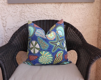 Seashell Starfish Blue Outdoor Pillow Cover, Coastal Nautical Cushion, Beach House Decor, Waterproof Patio Throw Pillow, Ocean Theme