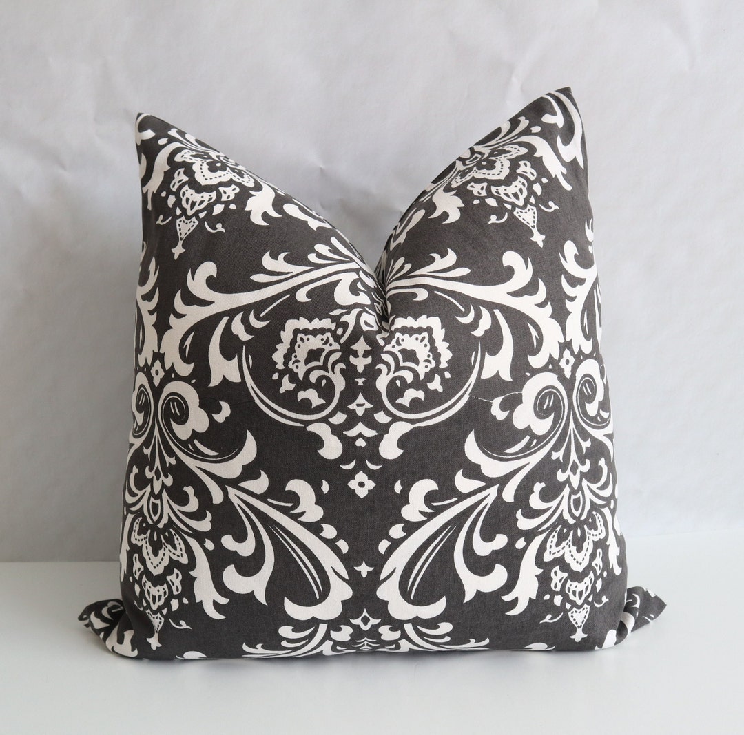 Set of Two Damask Charcoal Dark 20x20, Grey Pillow Cover, Pillow Cover