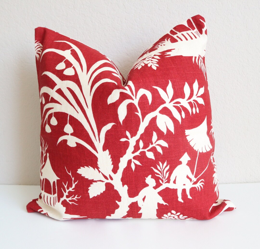Set of Two Pillow Covers, Red Chinese Pillow Covers, Ivory Red Pillows