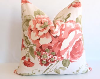 Funda de almohada floral estilo casa de campo, cojín rosa estilo cottagecore, almohada decorativa botánica vintage, decoración romántica de estilo rústico, almohada decorativa coral y verde.