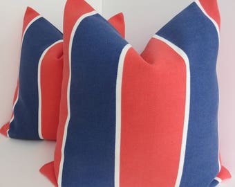 Old Kaufmann Coral Blue Marine Pillows- Pillow Covers- Cabana Stripe Pillow- Blue Maarine Pillows- White Blue Coral Pillows- Coral outdoor