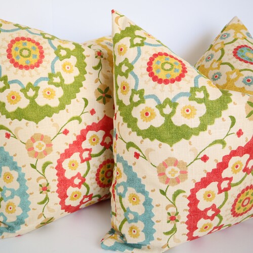 SET OF TWO - 24x24 Pillow Cover - Susani Pillows- Red Pillow shops Covers - Green Pillow Covers - Turquoise cream yellow Pillows - Pillow covers