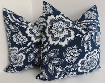 Navy Blue Floral Pillow Cover, Indigo White Block Print Cushion, Farmhouse Coastal Throw Pillow, Boho Cottage Decor, Kaufmann Blue Pillow
