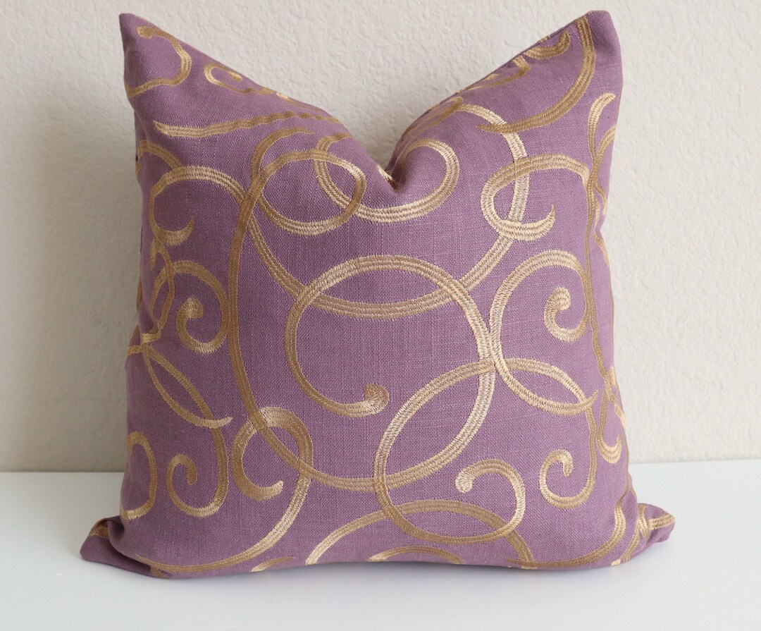 Embroidered Purple Gold Linen Pillow Cover, Accent Pillow, Purple Linen Pillow, Gold Linen
