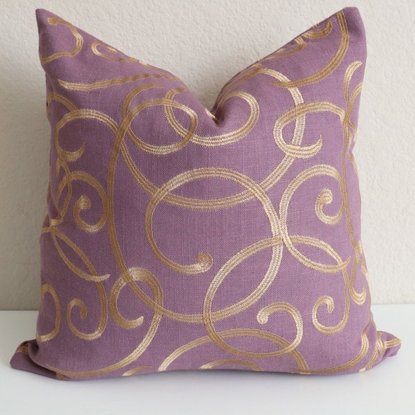 Embroidered Purple Gold Linen Pillow Cover, Accent Pillow, Purple Linen Pillow, Gold Linen Pillow, Decorative Pillow 16 18 20 22 24