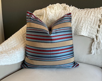 Set Of 2 Pillow Covers, Striped Blue Red Beige Pillow Cover, Modern Coastal Throw Pillow, Nautical Stripe Cushion, Designer Pillow