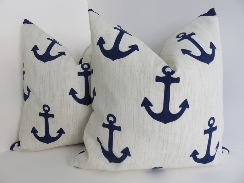 Outdoor Blue Marine Pillows Outdoor Pillows Pillow Covers-Anchor Blue Marine Pillow Covers Cream Blue Outdoor Pillows 16x16/18x18/20x20 image 4