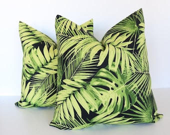 outdoor green, black palm pillow cover, outdoor pillow cover, pillow cover, outdoor decor, accent pillow, palm pillow, leaf pillow