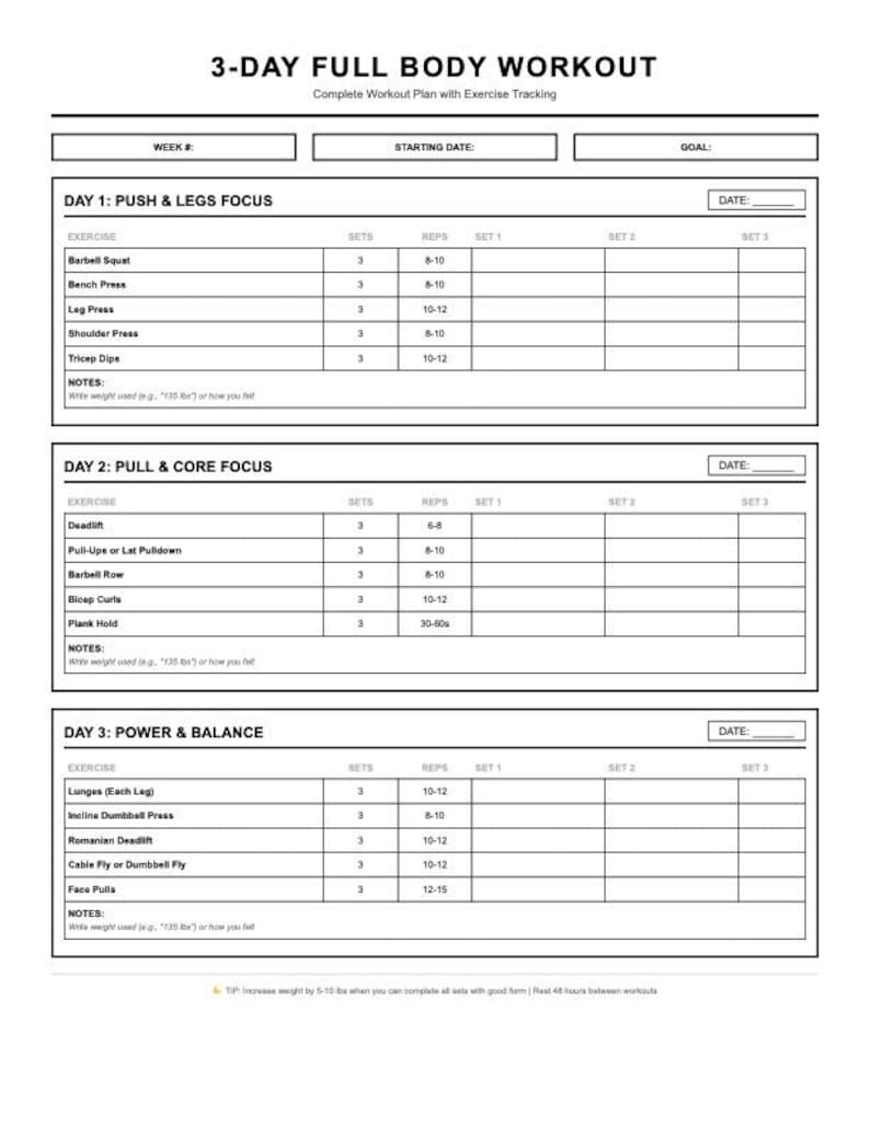 3 Day Full Body Workout Plan | Printable Gym Tracker | Weekly Fitness ...