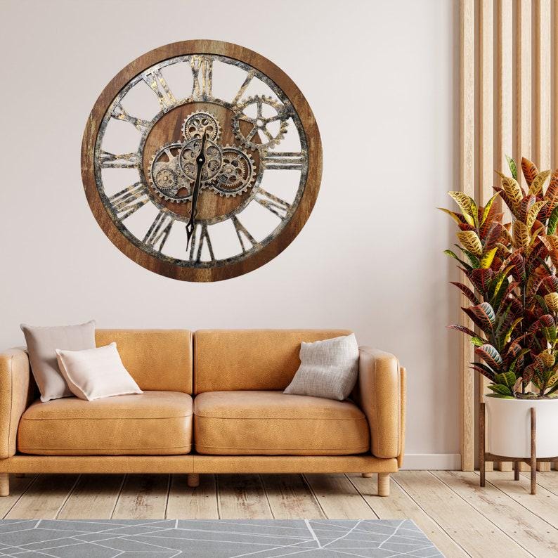 Industrial Gear Wall Clock 24", Vintage Wooden Clock With Moving Gears ...