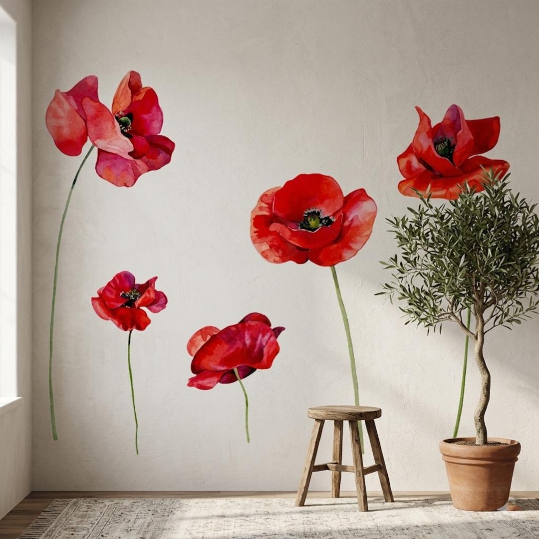 Watercolor Poppy Wall Decal Set, Removable Floral Wall Stickers, Boho ...