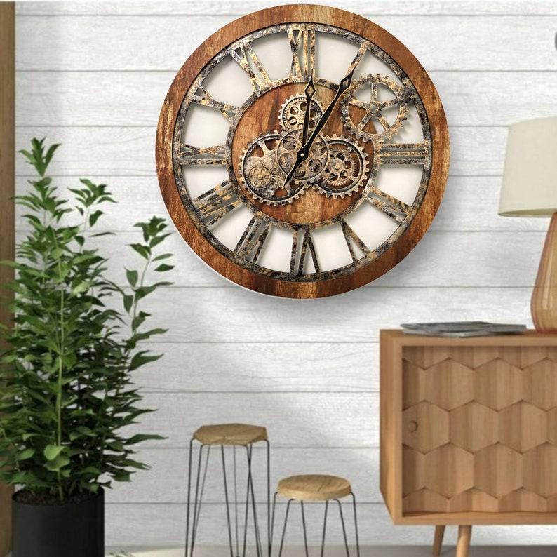 Industrial Gear Wall Clock 24", Vintage Wooden Clock With Moving Gears ...
