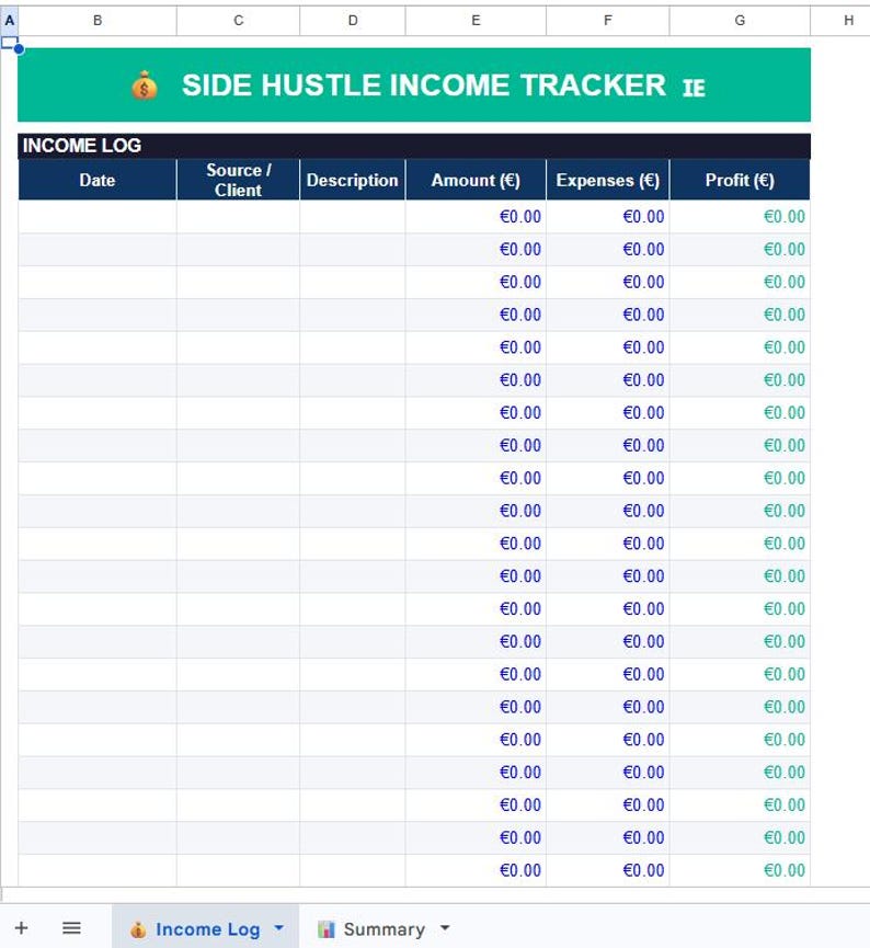 Side Hustle Income Tracker Ireland | Freelance Income Log | Google ...