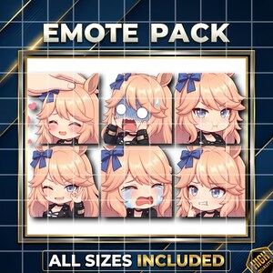 May include: A digital art pack labelled "EMOTE PACK" with six chibi-style anime character emotes. Each emote displays a different expression, such as joy, shock, and sadness. The text "ALL SIZES INCLUDED" is shown below the emotes.