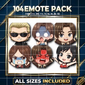 May include: A digital art pack showcasing six chibi-style character emotes with different expressions. The text "104 EMOTE PACK" and "ALL SIZES INCLUDED" are visible. The image has a dark blue background with gold detailing.