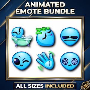 May include: A collection of six animated blue alien emotes with various expressions, including sleeping, waving, and a bath scene. The text "ANIMATED EMOTE BUNDLE" and "ALL SIZES INCLUDED" are displayed at the top and bottom of the image.