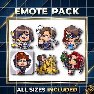Puede incluir: Un paquete de arte digital con seis emoticonos de dibujos animados. Cada emoticono muestra un personaje femenino diferente con varias expresiones y poses. El texto "EMOTE PACK" y "ALL SIZES INCLUDED" está incluido.
