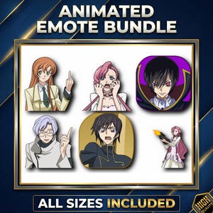 May include: An animated emote bundle featuring six different anime-style character illustrations. The text "ANIMATED EMOTE BUNDLE" is at the top, with "ALL SIZES INCLUDED" at the bottom. The images are set against a dark blue background.