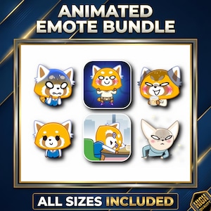 Puede incluir: Gráfico digital con seis emoticonos animados con un tema de panda rojo de dibujos animados. Los emoticonos muestran varias expresiones y acciones. El texto en la parte superior dice "ANIMATED EMOTE BUNDLE" y en la parte inferior "ALL SIZES INCLUDED".