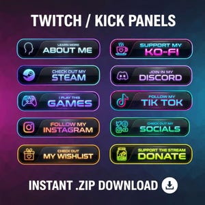 42 Twitch Gamer Panels - 42 Streaming Panels Pack | Twitch Kick Panels Pack | Gamer Stream Overlays | Transparent PNG