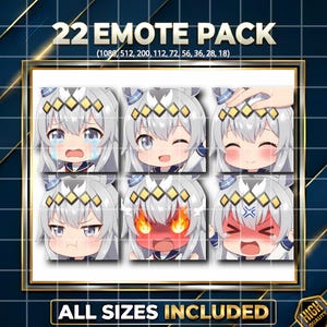 Puede incluir: Un paquete de 22 emotes que presenta un personaje de dibujos animados con cabello plateado y varias expresiones faciales. Los emotes incluyen caras llorando, guiñando y enojadas. El texto de la imagen dice "22 EMOTE PACK" y "ALL SIZES INCLUDED."