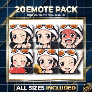 May include: A digital art pack featuring 20 emotes of a cartoon character with various expressions. The character has black hair, a white hat with goggles, and is shown winking, giving a thumbs up, and more. Text reads "20 EMOTE PACK" and "ALL SIZES INCLUDED."