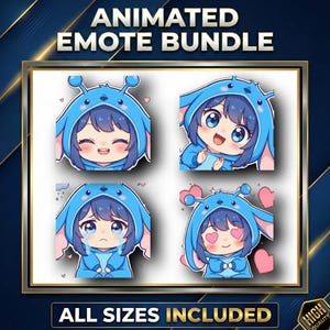 Puede incluir: Un paquete de emoticonos animados con cuatro expresiones diferentes de un personaje con un atuendo azul con capucha y orejas de conejo. Se muestra el texto "ANIMATED EMOTE BUNDLE" y "ALL SIZES INCLUDED".