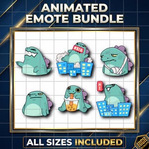 Könnte beinhalten: Ein animiertes Emote-Paket mit sechs türkisfarbenen Dinosaurier-Charakteren mit violetten Rückenstacheln. Die Emotes zeigen den Dinosaurier lachend, wütend mit einem zensierten Schild, verletzt mit Verband, neutral, Bubble Tea trinkend und winkend mit dem Text HI.