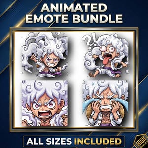 May include: Graphic of an Animated Emote Bundle featuring four cartoon character expressions. The character has white curly hair, a white jacket, and purple accents. Text reads "ANIMATED EMOTE BUNDLE" and "ALL SIZES INCLUDED".