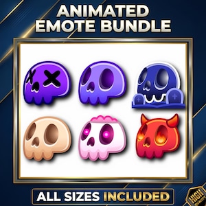 Puede incluir: Gráfico de un paquete de emoticonos animados con seis calaveras de dibujos animados en varios colores y diseños. Las calaveras son moradas, azules, beige y rojas, con diferentes expresiones y detalles. El texto en la parte superior dice "ANIMATED EMOTE BUNDLE" y "ALL SIZES INCLUDED" en la parte inferior.