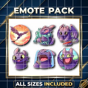 May include: A digital art pack featuring six different dragon emotes. The emotes are in various poses and expressions, including flying, holding fish, and crying. The text "EMOTE PACK" and "ALL SIZES INCLUDED" are displayed.