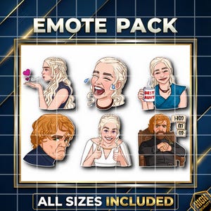 Puede incluir: Un paquete de emoticonos digitales con seis ilustraciones de personajes. El paquete incluye imágenes de una mujer con cabello rubio en varias poses, un hombre con cabello naranja y un hombre con barba. El texto en la parte superior dice "EMOTE PACK" y "ALL SIZES INCLUDED".