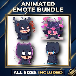 Puede incluir: Un paquete de emoticonos animados con cuatro personajes inspirados en Batman. Cada personaje muestra una emoción diferente: enfado, enamorado, sorprendido y triste. El texto "ANIMATED EMOTE BUNDLE" y "ALL SIZES INCLUDED" se muestran en la parte superior e inferior de la imagen.