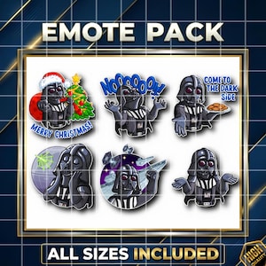 Op de afbeelding: Een digitaal Emote Pack met Darth Vader in verschillende poses. Het pack bevat emotes met tekst als "Merry Christmas!" en "Come to the Dark Side." De zin "All Sizes Included" is ook zichtbaar.