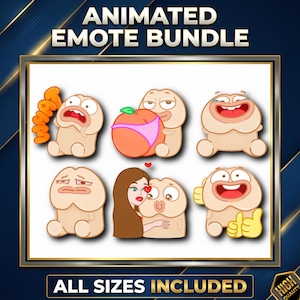 Puede incluir: Un paquete de emotes animados con seis personajes de dibujos animados en varias expresiones. El texto dice ANIMATED EMOTE BUNDLE y ALL SIZES INCLUDED. Los personajes incluyen una figura sorprendida, una sosteniendo un melocotón, una riendo, una triste, una con una mujer y una haciendo un pulgar hacia arriba.