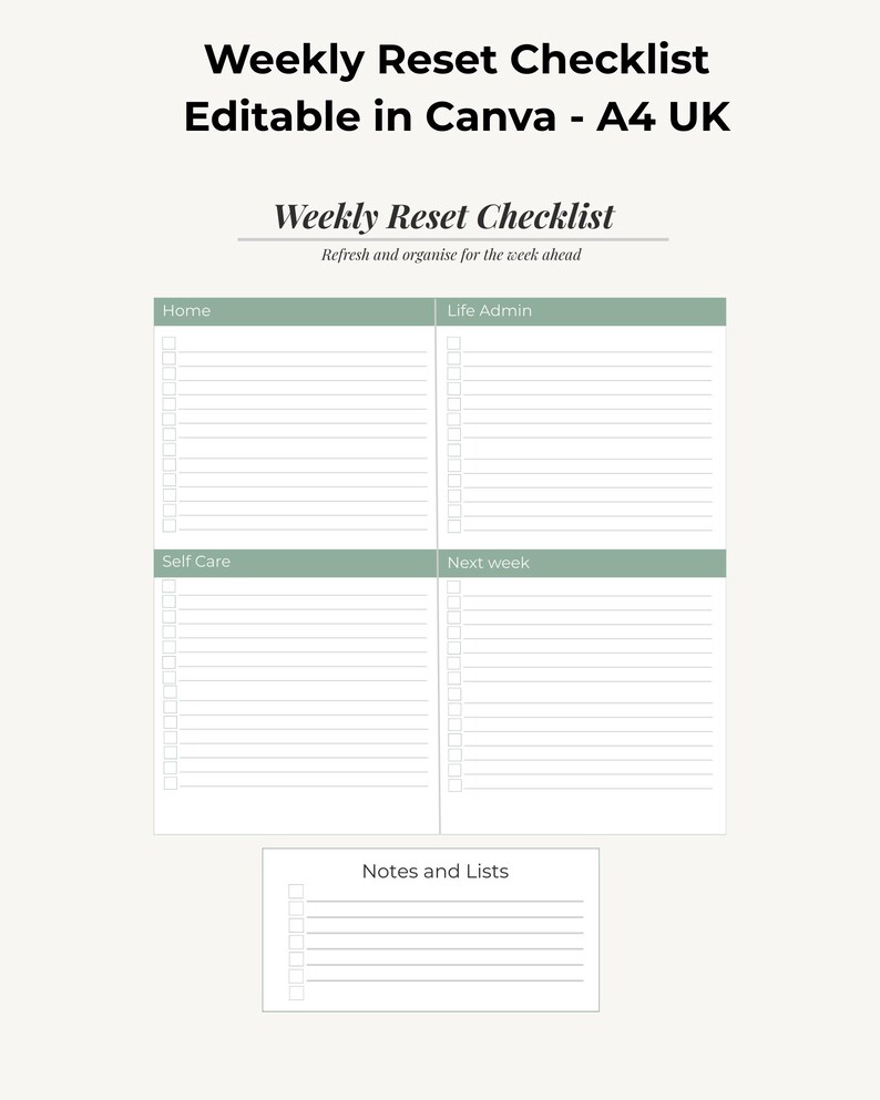 Weekly Reset Checklist – A4 Printable – Canva Template - Etsy