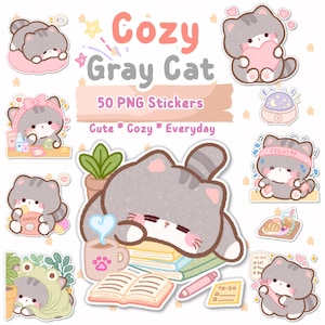 50 Gray Cat Stickers, Everyday Life Digital Stickers, Cute Planner Stickers, GoodNotes PNG
