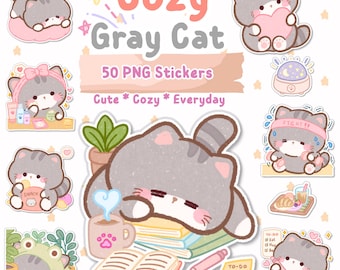 50 pegatinas de gatos grises, pegatinas digitales para la vida cotidiana, pegatinas bonitas para agendas, GoodNotes PNG