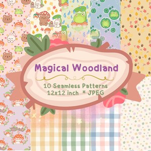 Magical Woodland Seamless Pattern, Cute Animal Digital Paper, Cottagecore Mushroom Bear Frog, Pastel Plaid Gingham, Nursery Fabric Design