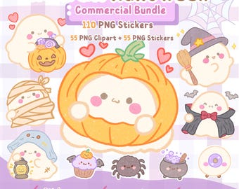 55 imágenes prediseñadas PNG de Halloween, uso comercial, pegatinas digitales Kawaii