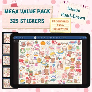 May include: A digital tablet displays a collection of 325 unique, hand-drawn stickers. The stickers feature cute cartoon bears, bunnies, and other characters in various poses and settings. The text "MEGA VALUE PACK" and "PRE-CROPPED PNG & COLLECTION" are also visible.