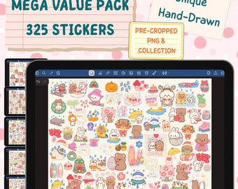 Pegatinas digitales, paquete mega de más de 325 pegatinas para GoodNotes, rutina diaria, registro de estado de ánimo, finanzas, lindo osito conejito, Kawaii PNG