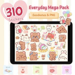 Pode incluir: Um tablet digital exibindo 310 adesivos com adoráveis ilustrações de ursos e coelhos. Os adesivos apresentam vários designs, incluindo corações, comida e temas diários. O texto na imagem diz "Everyday Mega Pack" e "Goodnotes & PNG".