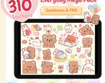 Pegatinas digitales de la vida cotidiana, paquete gigante de más de 310 GoodNotes, planificador de oso y conejito adorable, registro de alimentos para el trabajo y el estudio, PNG prerecortado kawaii