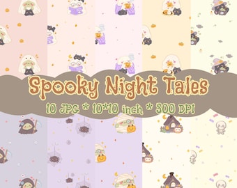 Patrones sin costuras de cuentos nocturnos espeluznantes para Halloween, papel digital en tonos pastel, Halloween adorable, 10 JPG