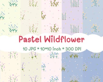 Patrones sin costuras de flores silvestres en tonos pastel, papel digital floral, fondo botánico, 10 JPG
