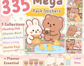 335 pegatinas digitales para agenda, paquete gigante de pegatinas GoodNotes, lectura, trabajo, vida tranquila, elementos esenciales para agenda, pegatinas para el día a día, Kawaii PNG