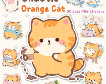 50 pegatinas diarias de gato naranja caótico, pegatinas lindas de gatos para agenda, pegatinas digitales kawaii, GoodNotes para iPad